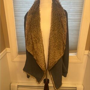 Hollister Faux Fur Trimmed Open Front Sweater - Brown and Gray